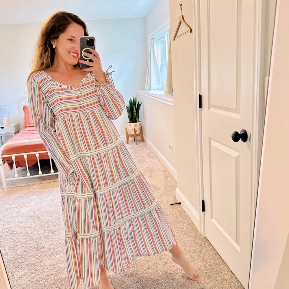 Warm NY Rainbow Striped Cotton Maxi Dress Medium